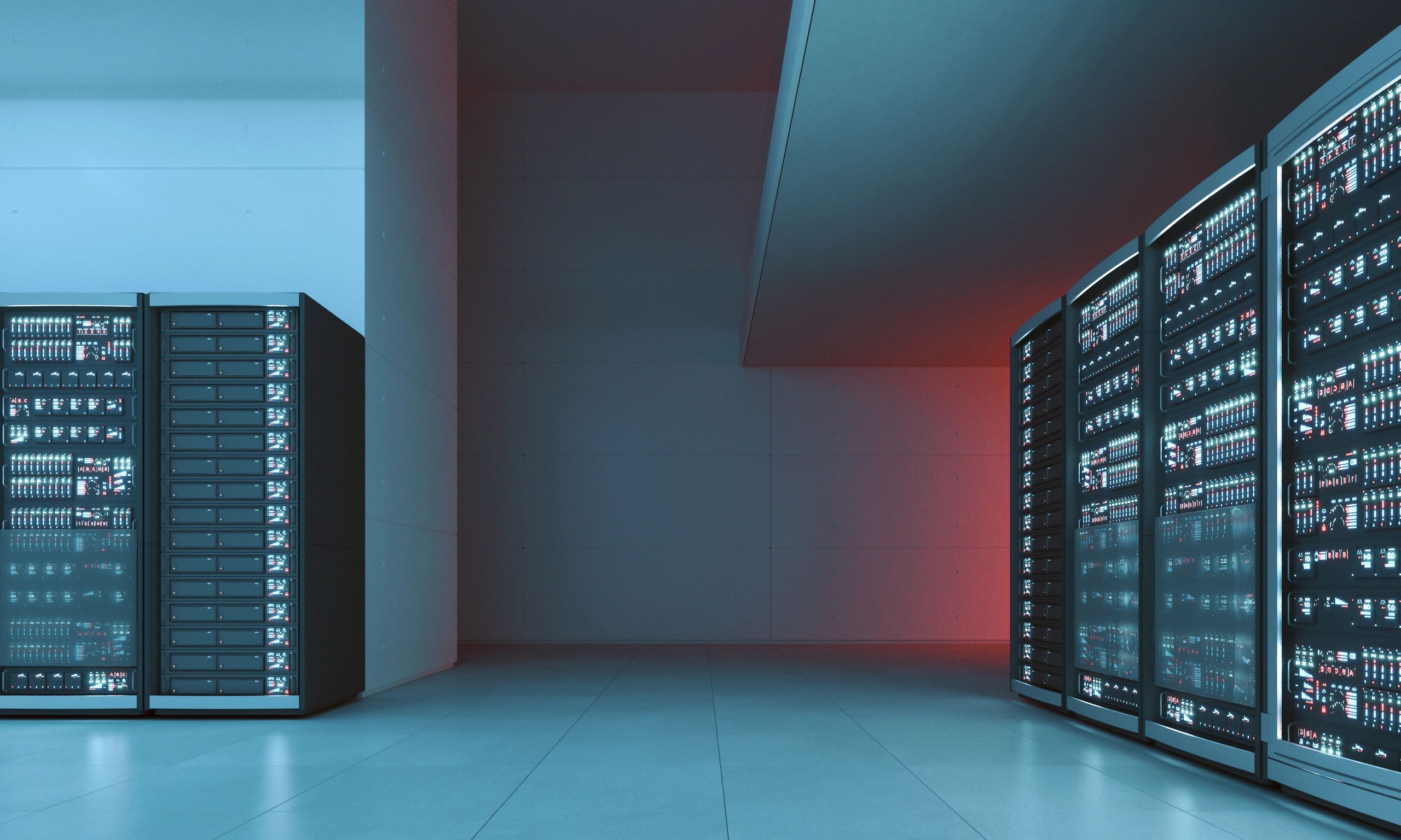 Modern data center with teal lighting and copy space