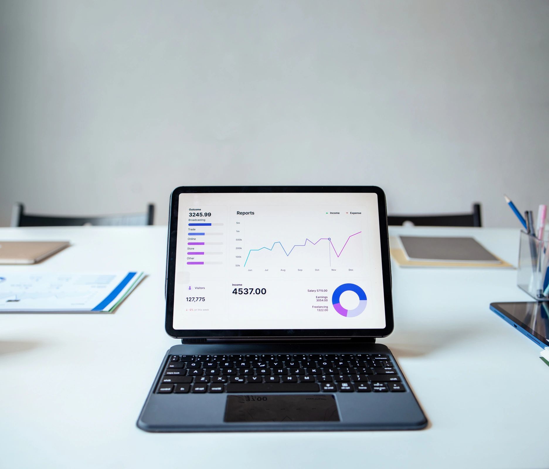 Tablet showing business analytics report on a modern desk